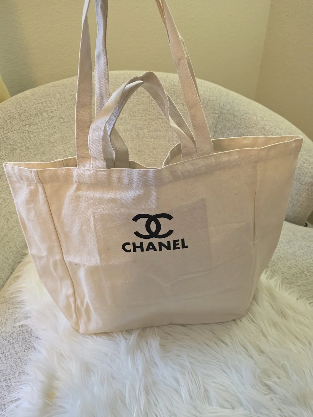 Beige Canvas Tote Bag - Large